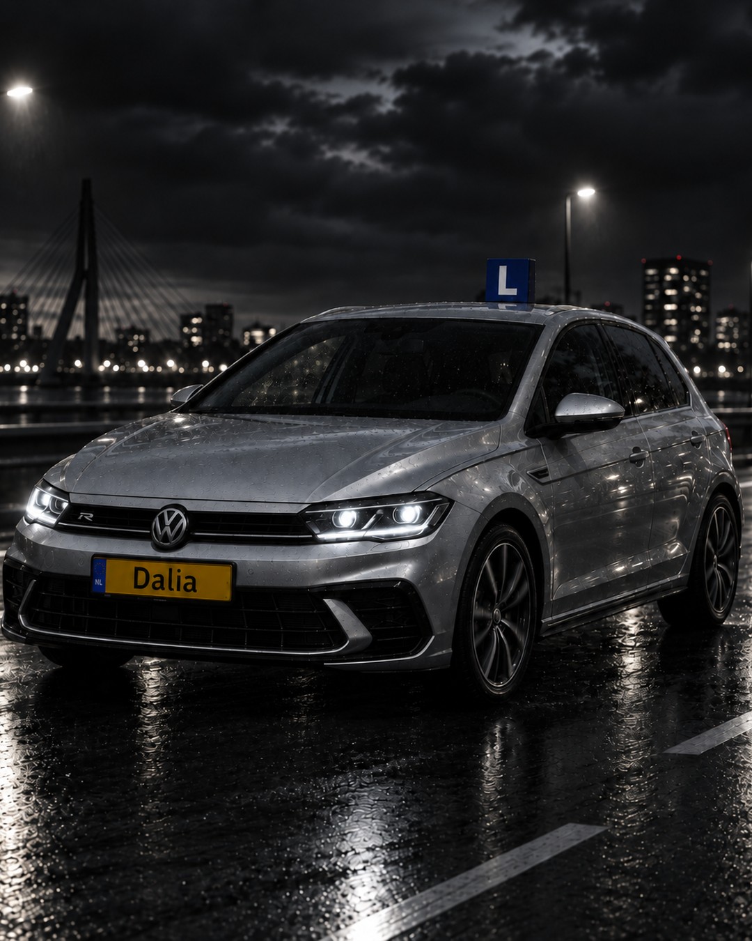 Driving-school car from Driving school Dalia with an L-plate on a wet road near the city