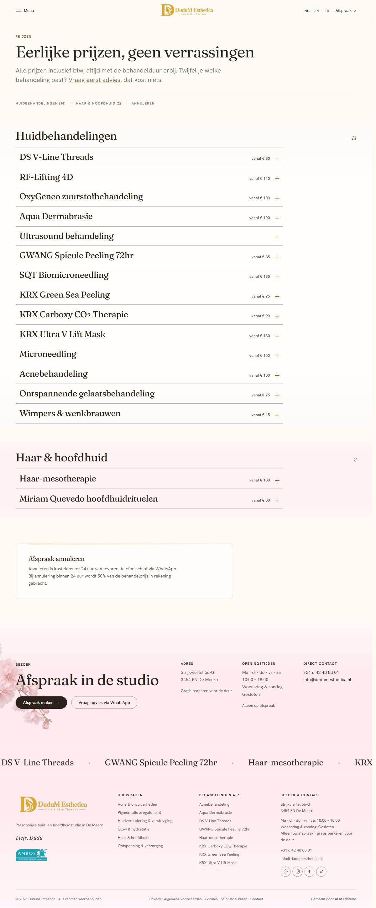 Scherm Prijzen van dudumesthetica.nl