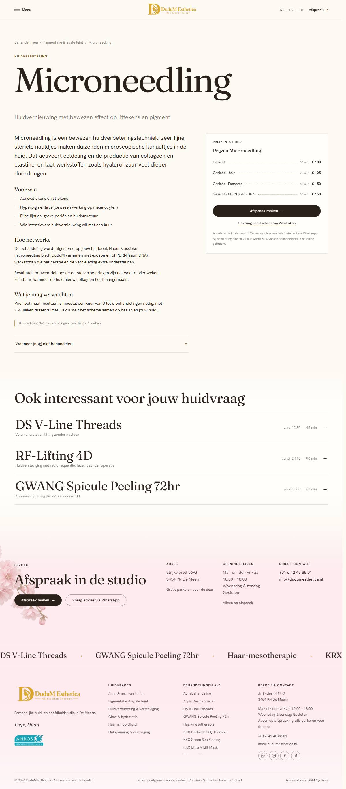 Scherm Behandelpagina van dudumesthetica.nl